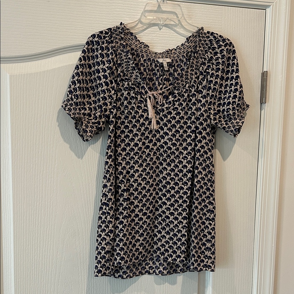 Joie Black Blue and Cream Elephant Print Top